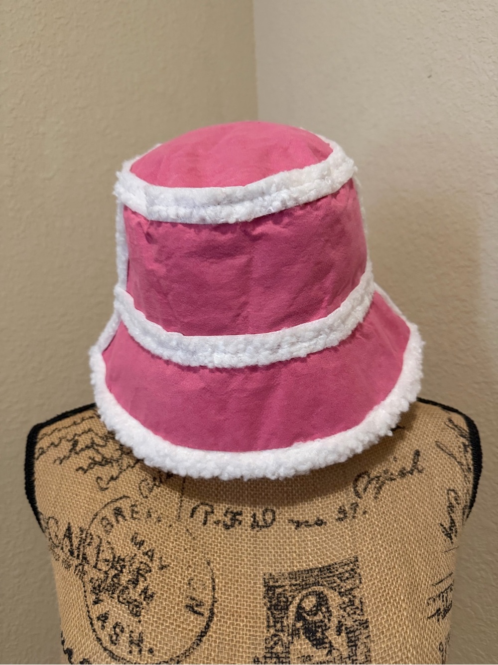 Pink Bucket Hat with White Faux Fur Trim